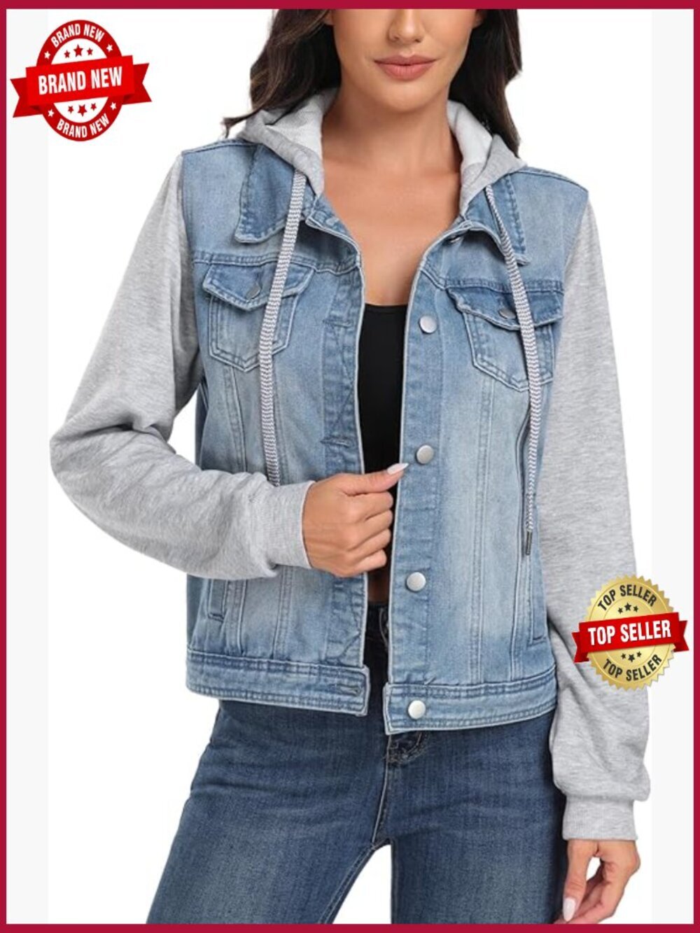 Classic Hooded Denim Jacket Drawstring Vintage Washed Jean Jacket Sweatshirt